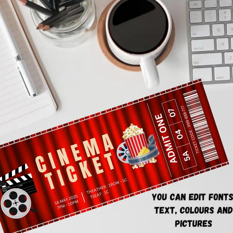 May include: A red and white cinema ticket with a movie reel, popcorn, and the text "CINEMA TICKET" and "ADMIT ONE". The ticket also includes the date, time, and seat information. The text "YOU CAN EDIT FONTS, TEXT, COLOURS AND PICTURES" is at the bottom of the ticket.