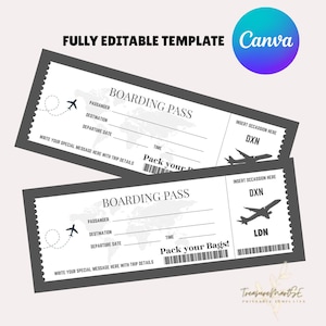Billet carte d'embarquement, bon cadeau voyage surprise modifiable, billet d'avion à imprimer, modèle de billet d'avion, bon-cadeau de voyage, toute occasion