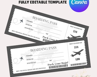 May include: Two printable boarding pass templates with the text "Boarding Pass" and "Pack your Bags!" in black text on a gray background. The templates are designed to be used for a party or event.