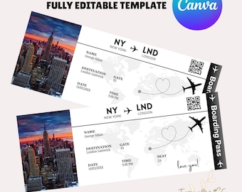 Plantilla de tarjeta de embarque editable, boleto de avión personalizado imprimible, tarjeta de embarque de Canva, regalo de descarga digital para él