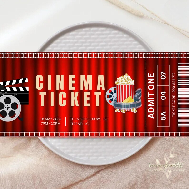 May include: A red and white cinema ticket with a movie clapperboard, film reel, and popcorn bucket. The ticket says "Cinema Ticket" and has the date "18 May 2025" and times "7PM-10PM". The ticket also has the theater information "THEATHER: 1ROW-1C" and "TSEAT: 1C". The ticket has the words "ADMIT ONE" and a ticket code.