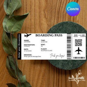 May include: A black and white boarding pass with the text "BOARDING PASS" and "DXB - LND DUBAI LONDON". The pass includes the name "JACKSON", destination "LONDON", date "17-04-20XX", time "10:00 AM", seat "7B", and flight "BUSINESS CLASS". The text "Pack you bags!" is handwritten in black ink.