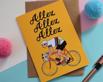 Allez Allez Allez - Vintage retro illustrated world champion cyclist greetings card