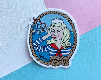 Ahoy There! - Vintage retro Sailor girl pinup Nautical illustration - vinyl sticker