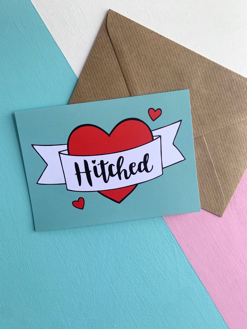 Hitched retro illustrated wedding card image 1