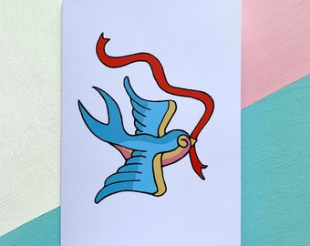 Swallow and ribbon - illustrated greetings card