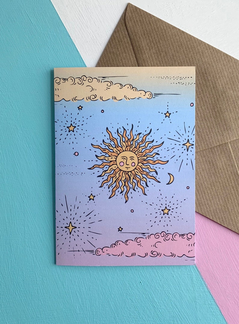 Celestial sun original retro illustrated greetings card image 1