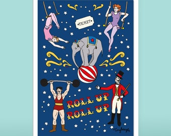 Roll Up Circus - A4 print -  Vintage retro Illustration by Tinybeegle