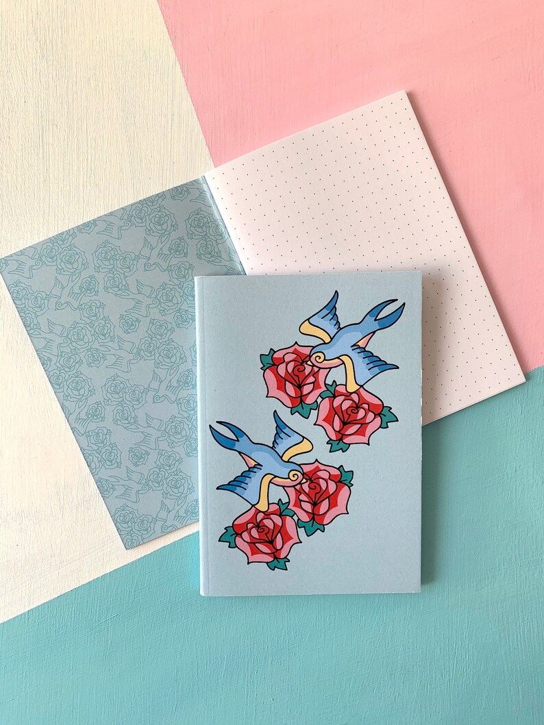 Swallow and Roses Vintage retro illustration A6 Notebook image 1