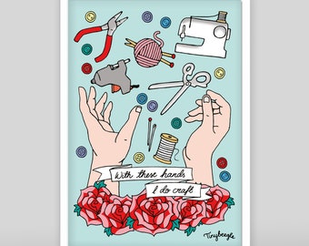 Crafting Hands - A4 print - Vintage retro craft tools Illustration