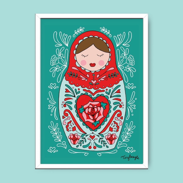 Russian Doll (Teal) - Folksy illustration - A4 Print