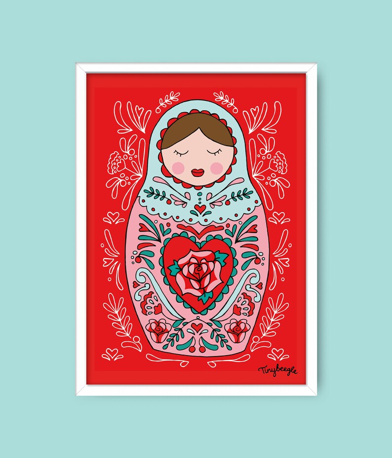 Russian Doll Folksy illustration A4 Print image 1