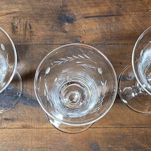 May include: Overhead view of three clear stemmed glasses with etched leaf and dot designs. The glasses are arranged on a dark wooden surface. The glasses are empty and appear to be for serving beverages.