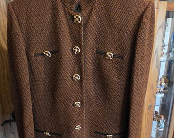 Vintage St. John Collection Skirt Suit | Brown Textured Santana Knit 2-Piece Set | Marie Gray Designer Suit | Gold Compass Buttons Size 4/6