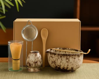6stk Matcha Tee Set Japanische Matcha Schüssel, Bambus Schneebesen, Halter, Löffel, Schaufel | Matcha Kit für Tee-Liebhaber & Anfänger, Geschenk für Sie