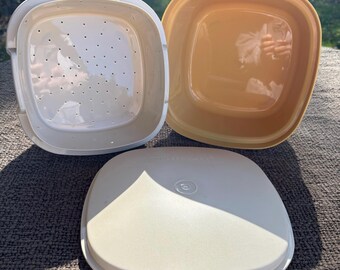 Tupperware Microwave Steamer and Storage Harvest Gold 3 Piece Set