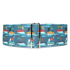Whippet Martingale Collar.  This is such a fun fabric with whippets on surfboards on a background of deep teal and fully lined with satin. Available in size small to extra large.