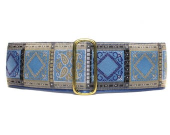 Blue Martingale Dog Collar 2 Inch, Satin Lined, Jacquard, Size Small to Extra Large