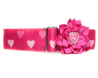 Pink Martingale Dog Collar and Flower 1.5 Inch, Satin Lined, Valentine, Size S-XL