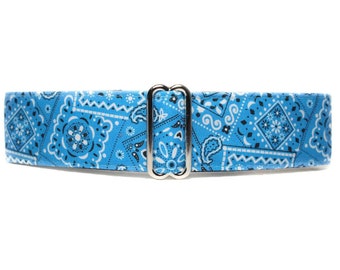 Blue Martingale Dog Collar, Bandana, Satin Lined, Standard and Buckle Style, S-XL