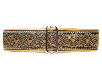 Gold Martingale Dog Collar 1.5 Inch, Jacquard, Gold and Black. Size S-XL
