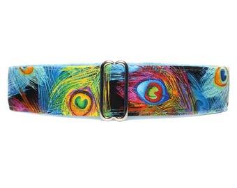 Peacock Martingale Dog Collar, Rainbow, Feather, Standard or Buckle Style, S-XL