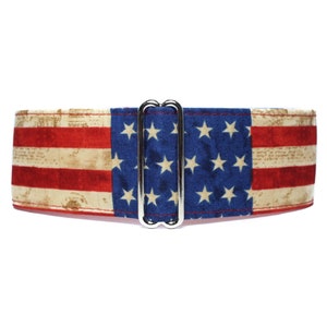 Martingale Dog Collar American Flag.  Horizontal and vertical striped red and white with white stars on royal blue and lined with satin. Available in size small to extra large.