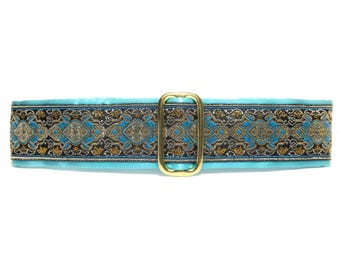 Teal Martingale Dog Collar 1.5 Inch, Satin Lined, Jacquard, Greyhound, Size S-XL