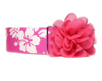 Pink Martingale Dog Collar and Flower, Hibiscus, Satin Lined, Greyhound, Size S-XL