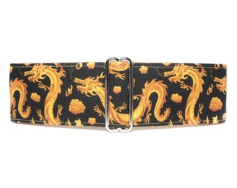 Dragon Martingale Dog Collar, Gold and Black, Standard or Buckle Style, Satin Lined, S-XL