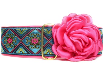 Turquoise and Hot Pink Martingale Dog Collar and Flower