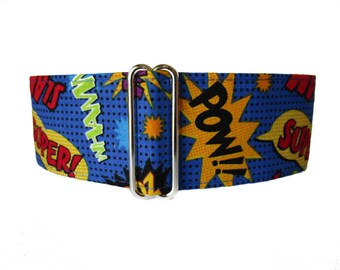 Super Hero Martingale Collar, Super Hero Dog Collar, Side Release Dog Collar, 1.5 Inch Martingale Collars, Pow, Slam, Zoom, Greyhound Collar