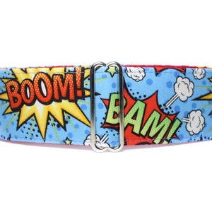 Action Hero Martingale Dog Collar, Superhero Martingale Collar Greyhound, Comic Words, Pow, Slam, Zoom, 2 Inch Martingale