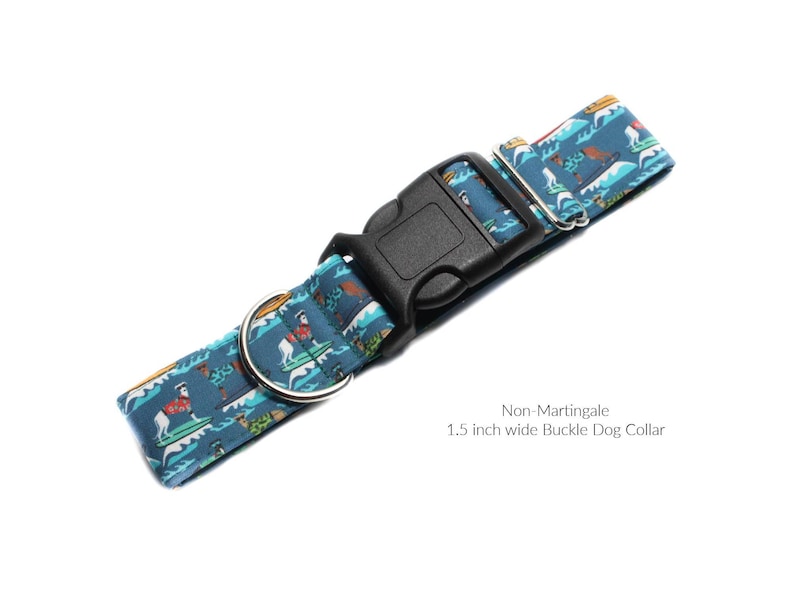 Whippet Buckle Dog Collar.  This is such a fun fabric with whippets on surfboards on a background of deep teal and fully lined with satin. Available in size small to extra large.