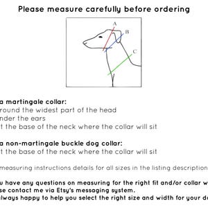 May include: Diagram showing how to measure a dog's neck for a martingale collar or a non-martingale buckle dog collar. The diagram shows a dog's head and neck with three lines labeled A, B, and C.  The text explains that for a martingale collar, measurement A is around the widest part of the head, measurement B is under the ears, and measurement C is at the base of the neck where the collar will sit. For a non-martingale buckle dog collar, measurement C is at the base of the neck where the collar will sit.
