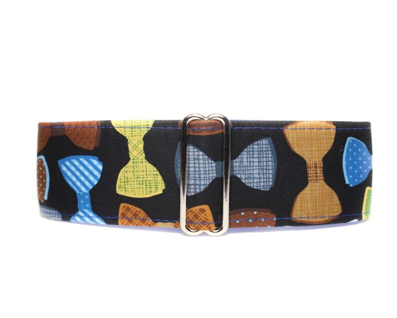 Bow Tie Martingale Dog Collar.  Colorful, preppy bow ties on a black background and fully lined with satin.  Great for those boy puppers!!
Available in sizes small to extra large.