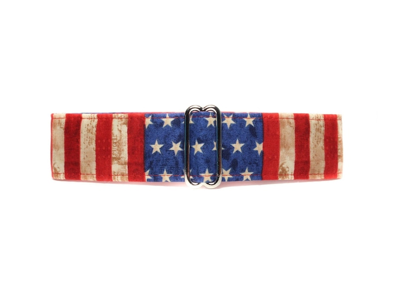 Martingale Dog Collar American Flag.  Horizontal and vertical striped red and white with white stars on royal blue and lined with satin. Available in size small to extra large.
