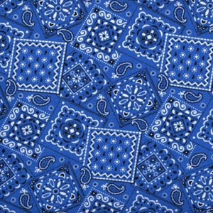 May include: A blue bandana fabric with a repeating pattern of white paisley and diamond shapes.