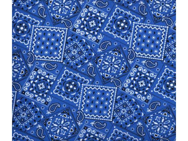 May include: A blue bandana fabric with a repeating pattern of white paisley and diamond shapes.