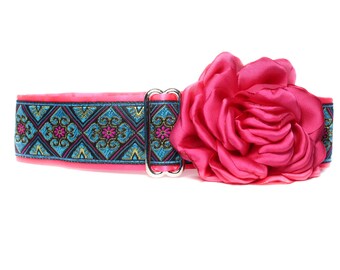 Hot Pink Martingale Dog Collar and Flower, 1.5 Inch Martingale Collar Greyhound, Huggable Hound Martingale Collars