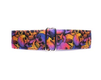 Skull Martingale Dog Collar, Purple, Standard or Buckle Style, Satin Lined, S-XL