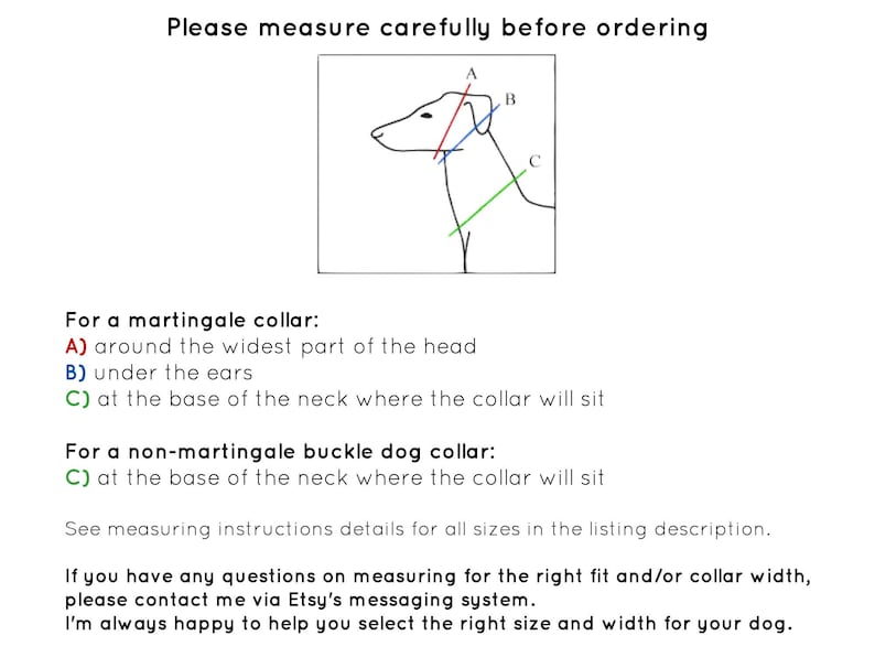 Peut inclure: Diagramme montrant comment mesurer le cou d'un chien pour un collier martingale ou non martingale. Le diagramme montre la t&ecirc;te d'un chien avec trois lignes &eacute;tiquet&eacute;es A, B et C. Le texte sous le diagramme explique comment mesurer pour chaque type de collier.