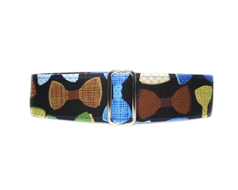 Bow Tie Martingale Dog Collar.  Colorful, preppy bow ties on a black background and fully lined with satin.  Great for those boy puppers!!
Available in sizes small to extra large.