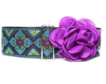 Turquoise and Purple Martingale Dog Collar and Flower, Extra Large Martingale Collars