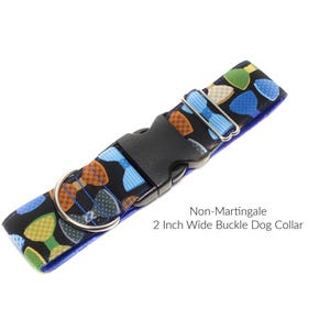 Bow Tie Non-Martingale Buckle Dog Collar.  Colorful, preppy bow ties on a black background and fully lined with satin.  Great for those boy puppers!!
Available in sizes medium to extra large.
