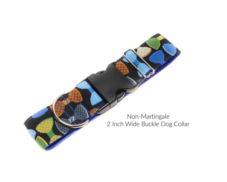 Bow Tie Non-Martingale Buckle Dog Collar.  Colorful, preppy bow ties on a black background and fully lined with satin.  Great for those boy puppers!!
Available in sizes medium to extra large.