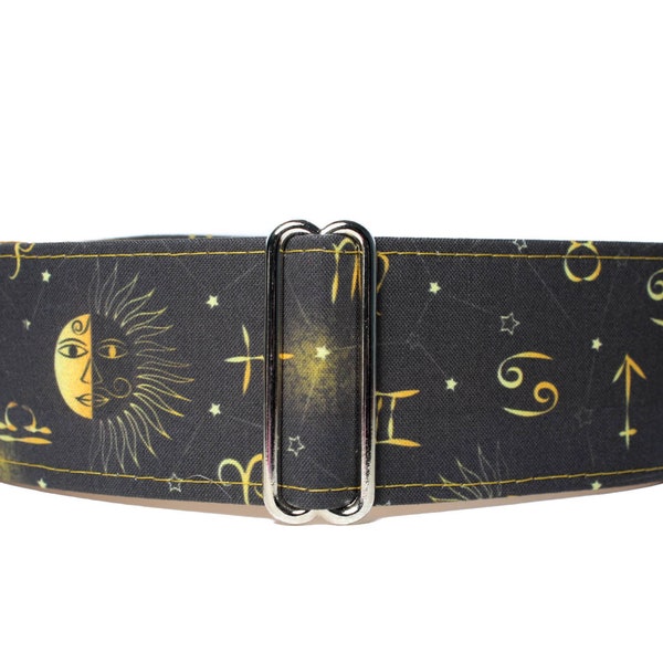 Sun Moon Stars Martingale Collar, Sun Moon Stars Dog Collar, Black and Gold, Celestial Martingale Dog Collar, Greyhound Collar