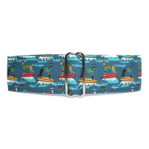 Whippet Martingale Collar.  This is such a fun fabric with whippets on surfboards on a background of deep teal and fully lined with satin. Available in size small to extra large.