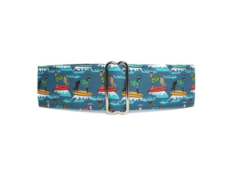 Whippet Martingale Collar.  This is such a fun fabric with whippets on surfboards on a background of deep teal and fully lined with satin. Available in size small to extra large.