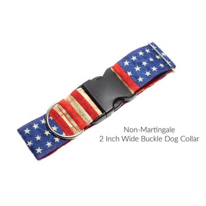 Non Martingale Buckle Dog Collar American Flag.  Horizontal and vertical striped red and white with white stars on royal blue and lined with satin. Available in size small to extra large.